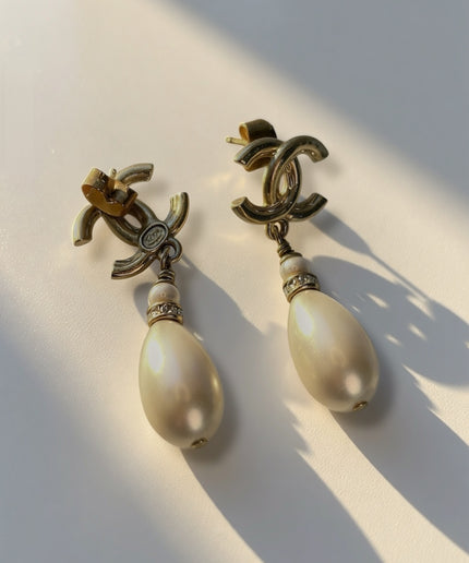 Chanel CC Pearl Drop Earrings